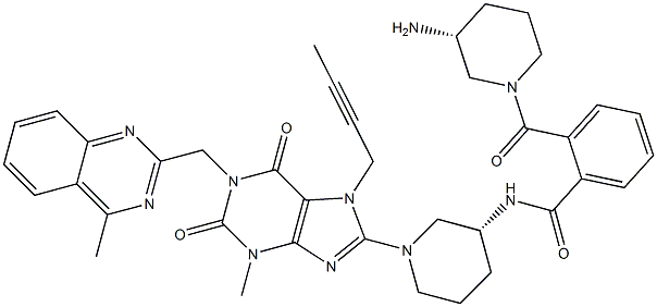 2-((R)-3-氨基哌啶-1-羰基)-N-((R)-1-(7-(丁-2-炔-1-基)-3-甲基-1-((4-甲基-吡啶-2-基)甲基)-2,6-二氧代-2,3,6,7-四氢-1H-嘌呤-8-基)哌啶-3-基)苯甲酰胺,,结构式
