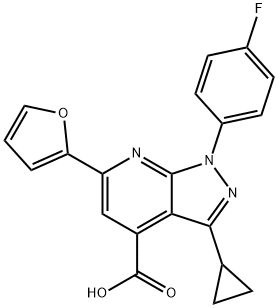 3-Cyclopropyl-1-(4-fluorophenyl)-6-(2-furyl)pyrazolo[3,4-b]pyridine-4-carboxylic acid Struktur