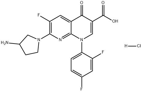 1,8-Naphthyridine-3-carboxylic acid, 7-(3-amino-1-pyrrolidinyl)-1-(2,4-difluorophenyl)-6-fluoro-1,4-dihydro-4-oxo-, hydrochloride (1:1) 化学構造式