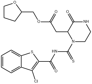 tetrahydro-2-furanylmethyl [1-({[(3-chloro-1-benzothien-2-yl)carbonyl]amino}carbonothioyl)-3-oxo-2-piperazinyl]acetate 化学構造式