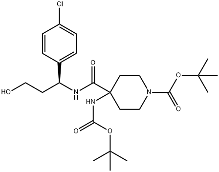 (S)-tert-butyl 4-(tert-butoxycarbonylamino)-4-(1-(4-chlorophenyl)-3-hydroxypropylcarbamoyl)piperidine-1-carboxylate 化学構造式