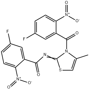 5-Fluoro-N-[3-(5-fluoro-2-nitro-benzoyl)-4-methyl-3H-thiazol-2-ylidene]-2-nitro-benzamide 结构式