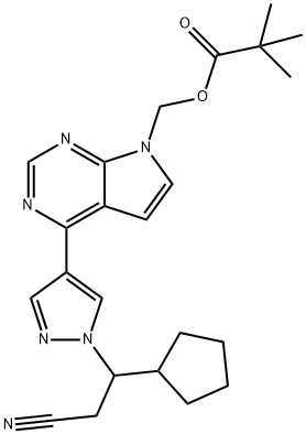 (4-(1-(2-cyano-1-cyclopentylethyl)-1H-pyrazol-4-yl)-7H-pyrrolo[2,3-d]pyrimidin-7-yl)methyl pivalate 化学構造式