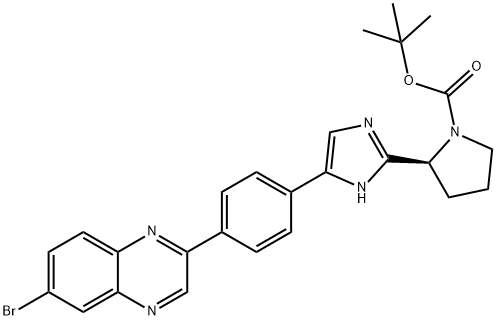 tert-butyl(S)-2-(4-(4-(6-bromoquinoxalin-2-yl)phenyl)-1H-imidazol-2-yl)pyrrolidine-1-carboxylate Struktur