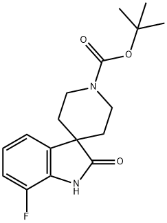 TERT-ブチル 7-フルオロ-2-オキソ-1,2-ジヒドロスピロ[インドール-3,4'-ピペリジン]-1'-カルボキシレート 化学構造式