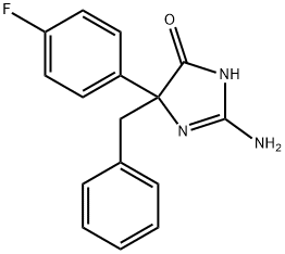 2-amino-5-benzyl-5-(4-fluorophenyl)-4,5-dihydro-1H-imidazol-4-one Struktur