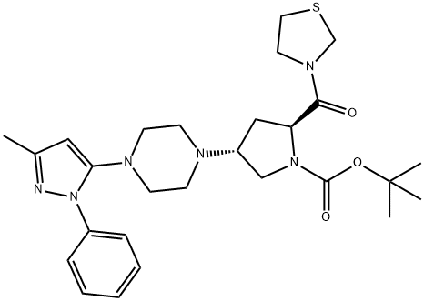 1-Pyrrolidinecarboxylic acid, 4-[4-(3-methyl-1-phenyl-1H-pyrazol-5-yl)-1-piperazinyl]-2-(3-thiazolidinylcarbonyl)-, 1,1-dimethylethyl ester, (2S,4R)- 化学構造式