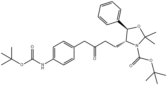 tert-butyl(4R,5R)-4-(4-(4-((tert-butoxycarbonyl)amino)phenyl)-3-oxobutyl)-2,2-dimethyl-5-phenyloxazolidine-3-carboxylate Struktur