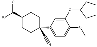 trans-4-Cyano-4-[3-(cyclopentyloxy)-4-methoxyphenyl]cyclohexanecarboxylic acid Struktur