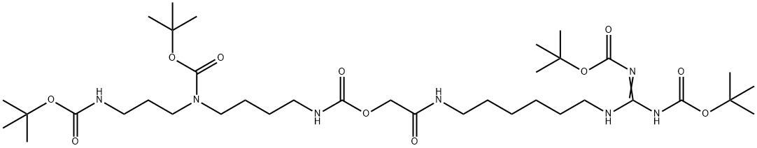 叔-丁基 N-[4-[[2-[6-[[(Z)-N,N-二(叔-丁氧羰基)甲脒基]氨基]己基氨基]-2-氧亚基-乙氧基]羰基氨基]丁基]-N-[3-(叔-丁氧羰基氨基)丙基]氨基甲酯, 160677-65-6, 结构式