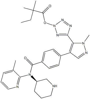 (1S)-1-[5-(1-methyl-4-{4-[(3-methylpyridin-2-yl)[(3R)-piperidin-3-yl]carbamoyl]phenyl}-1H-pyrazol-5-yl)-2H-1,2,3,4-tetrazol-2-yl]ethyl 2-methylpropanoate Struktur