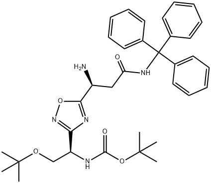 Carbamic acid, N-[(1R)-1-[5-[(1S)-1-amino-3-oxo-3-[(triphenylmethyl)amino]propyl]-1,2,4-oxadiazol-3-yl]-2-(1,1-dimethylethoxy)ethyl]-, 1,1-dimethylethyl ester Structure