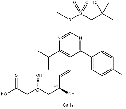 (3R,5S,E)-7-(4-(4-fluorophenyl)-2-((2-hydroxy-N,2-dimethylpropyl)sulfonamido)-6-isopropylpyrimidin-5-yl)-3,5-dihydroxyhept-6-enoic acid 化学構造式