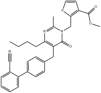 Methyl 2-((4-butyl-5-((2'-cyano-[1,1'-biphenyl]-4-yl)methyl)-2-methyl-6-oxopyrimidin-1(6H)-yl)methyl)thiophene-3-carboxylate Structure
