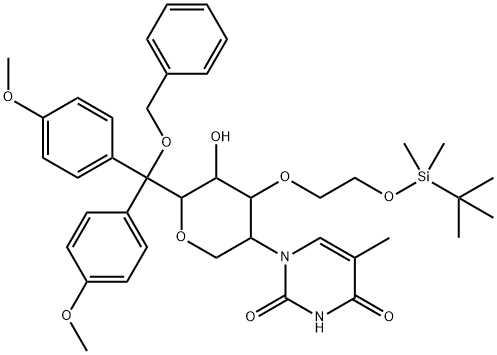 1-(6-((ベンジルオキシ)ビス(4-メトキシフェニル)メチル)-4-(2-((TERT-ブチルジメチルシリル)オキシ)エトキシ)-5-ヒドロキシテトラヒドロ-2H-ピラン-3-イル)-5-メチルピリミジン-2,4(1H,3H)-ジ 化学構造式