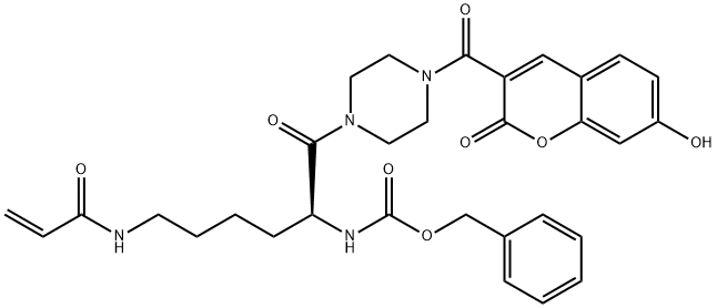 (S)-benzyl (6-acrylamido-1-(4-(7-hydroxy-2-oxo-2H-chromene-3-carbonyl)piperazin-1-yl)-1-oxohexan-2-yl)carbamate 化学構造式