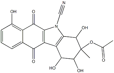 5-シアノ-1,2,4,7-テトラヒドロキシ-3-メチル-6,11-ジオキソ-1H,2H,3H,4H,5H,6H,11H-ベンゾ[b]カルバゾール-3-イル アセタート 化学構造式