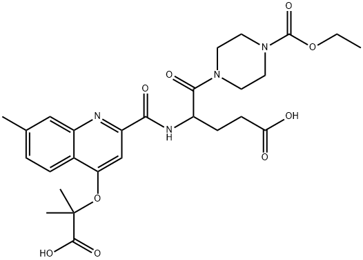 5-(4-ethoxycarbonylpiperazin-1-yl)-4-[[4-(1-hydroxy-2-methyl-1-oxopropan-2-yl)oxy-7-methylquinoline-2-carbonyl]amino]-5-oxopentanoic acid|BX 048 , CID16741348