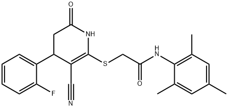 2-((3-cyano-4-(2-fluorophenyl)-6-oxo-1,4,5,6-tetrahydropyridin-2-yl)thio)-N-mesitylacetamide|