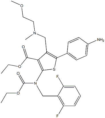 ethyl 5-(4-aminophenyl)-2-((2,6-difluorobenzyl)(ethoxycarbonyl)amino)-4-(((2-methoxyethyl)(methyl)amino)methyl)thiophene-3-carboxylate Struktur