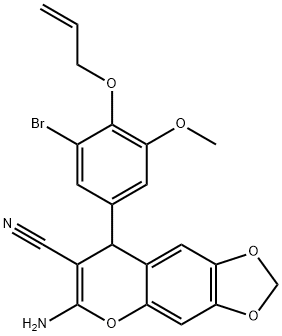 8-(4-(烯丙氧基)-3-溴-5-甲氧基苯基)-6-氨基-8H-[1,3]二氧戊环并[4,5-G]苯并吡喃-7-甲腈,663213-98-7,结构式