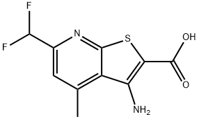3-アミノ-6-(ジフルオロメチル)-4-メチルチエノ[2,3-B]ピリジン-2-カルボン酸 化学構造式