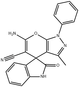 6'-amino-3'-methyl-2-oxo-1'-phenyl-1,2-dihydro-1'H-spiro[indole-3,4'-pyrano[2,3-c]pyrazole]-5'-carbonitrile Structure