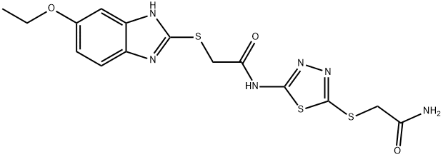 N-{5-[(2-amino-2-oxoethyl)sulfanyl]-1,3,4-thiadiazol-2-yl}-2-[(5-ethoxy-1H-benzimidazol-2-yl)sulfanyl]acetamide 结构式