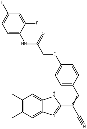 2-{4-[(E)-2-cyano-2-(5,6-dimethyl-1H-benzimidazol-2-yl)ethenyl]phenoxy}-N-(2,4-difluorophenyl)acetamide Struktur