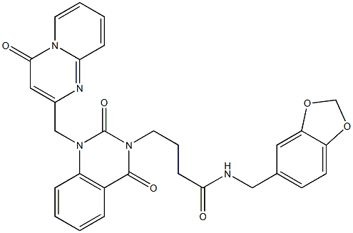N-(1,3-benzodioxol-5-ylmethyl)-4-[2,4-dioxo-1-[(4-oxopyrido[1,2-a]pyrimidin-2-yl)methyl]quinazolin-3-yl]butanamide Struktur