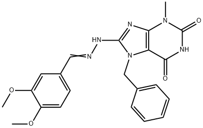 (E)-7-benzyl-8-(2-(3,4-dimethoxybenzylidene)hydrazinyl)-3-methyl-3,7-dihydro-1H-purine-2,6-dione Structure