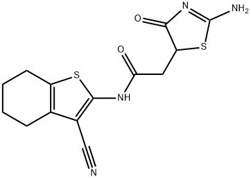 N-(3-cyano-4,5,6,7-tetrahydrobenzo[b]thiophen-2-yl)-2-(2-imino-4-oxothiazolidin-5-yl)acetamide 化学構造式