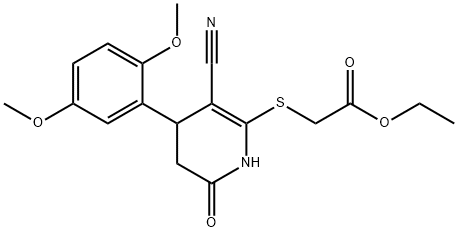 ethyl 2-((3-cyano-4-(2,5-dimethoxyphenyl)-6-oxo-1,4,5,6-tetrahydropyridin-2-yl)thio)acetate 化学構造式