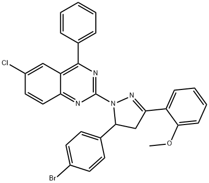 2-(5-(4-bromophenyl)-3-(2-methoxyphenyl)-4,5-dihydro-1H-pyrazol-1-yl)-6-chloro-4-phenylquinazoline Struktur