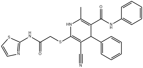 5-cyano-2-methyl-6-((2-oxo-2-(thiazol-2-ylamino)ethyl)thio)-N,4-diphenyl-1,4-dihydropyridine-3-carboxamide Struktur