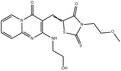 (Z)-5-((2-((2-hydroxyethyl)amino)-4-oxo-4H-pyrido[1,2-a]pyrimidin-3-yl)methylene)-3-(2-methoxyethyl)-2-thioxothiazolidin-4-one Struktur