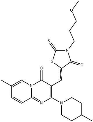 (Z)-3-(3-methoxypropyl)-5-((7-methyl-2-(4-methylpiperidin-1-yl)-4-oxo-4H-pyrido[1,2-a]pyrimidin-3-yl)methylene)-2-thioxothiazolidin-4-one 结构式