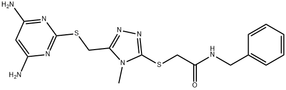 N-benzyl-2-[[5-[(4,6-diaminopyrimidin-2-yl)sulfanylmethyl]-4-methyl-1,2,4-triazol-3-yl]sulfanyl]acetamide 化学構造式