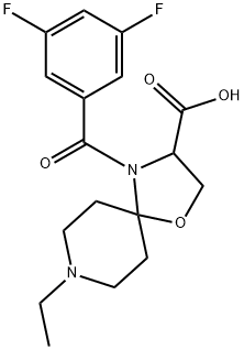 4-(3,5-ジフルオロベンゾイル)-8-エチル-1-オキサ-4,8-ジアザスピロ[4.5]デカン-3-カルボン酸 化学構造式