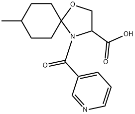8-メチル-4-(ピリジン-3-カルボニル)-1-オキサ-4-アザスピロ[4.5]デカン-3-カルボン酸 化学構造式