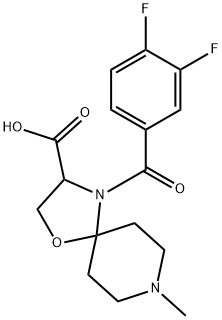 4-(3,4-ジフルオロベンゾイル)-8-メチル-1-オキサ-4,8-ジアザスピロ[4.5]デカン-3-カルボン酸 化学構造式