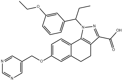 1-(1-(3-ethoxyphenyl)propyl)-7-(pyrimidin-5-ylmethoxy)-4,5-dihydro-1H-benzo[g]indazole-3-carboxylic acid Struktur