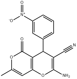 2-amino-7-methyl-4-(3-nitrophenyl)-5-oxo-4H-pyrano[3,2-c]pyran-3-carbonitrile Struktur