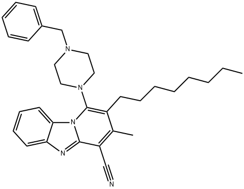 1-(4-benzylpiperazin-1-yl)-3-methyl-2-octylbenzo[4,5]imidazo[1,2-a]pyridine-4-carbonitrile Struktur