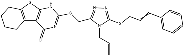2-(((4-allyl-5-(cinnamylthio)-4H-1,2,4-triazol-3-yl)methyl)thio)-5,6,7,8-tetrahydrobenzo[4,5]thieno[2,3-d]pyrimidin-4(3H)-one 化学構造式