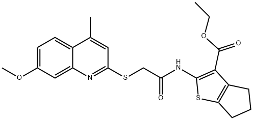 ethyl 2-(2-((7-methoxy-4-methylquinolin-2-yl)thio)acetamido)-5,6-dihydro-4H-cyclopenta[b]thiophene-3-carboxylate Struktur