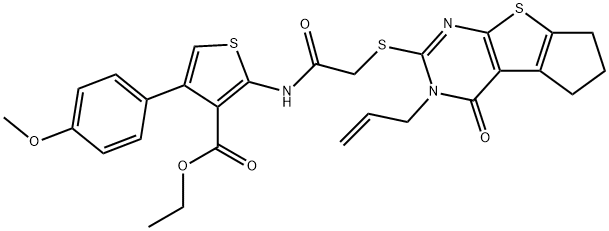 ethyl 2-(2-((3-allyl-4-oxo-3,5,6,7-tetrahydro-4H-cyclopenta[4,5]thieno[2,3-d]pyrimidin-2-yl)thio)acetamido)-4-(4-methoxyphenyl)thiophene-3-carboxylate 化学構造式