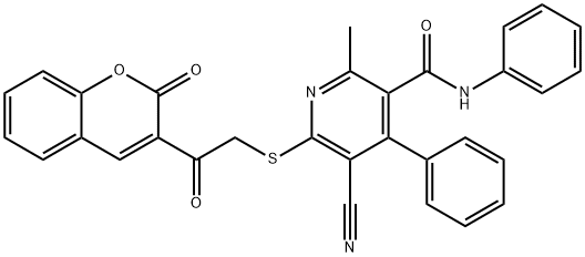 5-cyano-2-methyl-6-((2-oxo-2-(2-oxo-2H-chromen-3-yl)ethyl)thio)-N,4-diphenylnicotinamide Structure