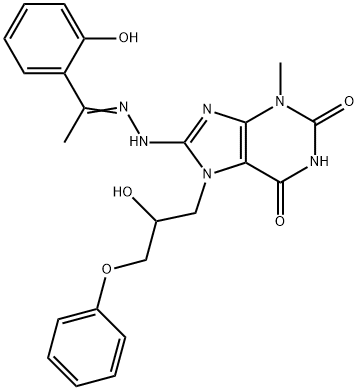 (E)-7-(2-hydroxy-3-phenoxypropyl)-8-(2-(1-(2-hydroxyphenyl)ethylidene)hydrazinyl)-3-methyl-3,7-dihydro-1H-purine-2,6-dione Structure