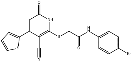 N-(4-bromophenyl)-2-((3-cyano-6-oxo-4-(thiophen-2-yl)-1,4,5,6-tetrahydropyridin-2-yl)thio)acetamide,331852-32-5,结构式